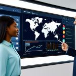 A diverse group of professional business people, fully clothed in modest, culturally appropriate attire, collaborating in a digitally advanced global operations center. One professional points at a large screen displaying AI-driven data visualizations of market trends across different continents, while another reviews e-commerce dashboards on a tablet. The background subtly blends elements of a modern office environment with hints of various global locations through window views or subtle digital overlays. The scene conveys cultural understanding, digital innovation, and seamless global business interaction. Perfect anatomy, correct proportions, natural pose, well-formed hands, proper finger count, natural body proportions, safe for work, appropriate content, fully clothed, professional, family-friendly, high quality, studio lighting.