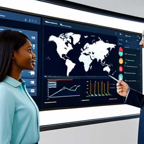 A diverse group of professional business people, fully clothed in modest, culturally appropriate attire, collaborating in a digitally advanced global operations center. One professional points at a large screen displaying AI-driven data visualizations of market trends across different continents, while another reviews e-commerce dashboards on a tablet. The background subtly blends elements of a modern office environment with hints of various global locations through window views or subtle digital overlays. The scene conveys cultural understanding, digital innovation, and seamless global business interaction. Perfect anatomy, correct proportions, natural pose, well-formed hands, proper finger count, natural body proportions, safe for work, appropriate content, fully clothed, professional, family-friendly, high quality, studio lighting.