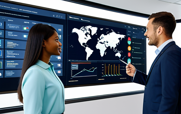 A diverse group of professional business people, fully clothed in modest, culturally appropriate attire, collaborating in a digitally advanced global operations center. One professional points at a large screen displaying AI-driven data visualizations of market trends across different continents, while another reviews e-commerce dashboards on a tablet. The background subtly blends elements of a modern office environment with hints of various global locations through window views or subtle digital overlays. The scene conveys cultural understanding, digital innovation, and seamless global business interaction. Perfect anatomy, correct proportions, natural pose, well-formed hands, proper finger count, natural body proportions, safe for work, appropriate content, fully clothed, professional, family-friendly, high quality, studio lighting.