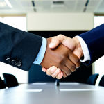 International Negotiation**

A diverse group of business professionals, fully clothed in modest business attire, shaking hands across a conference table in a modern office setting. Flags of different countries are subtly visible in the background. The scene exudes professionalism and collaboration. Perfect anatomy, correct proportions, well-formed hands, natural pose, safe for work, appropriate content, professional.

**