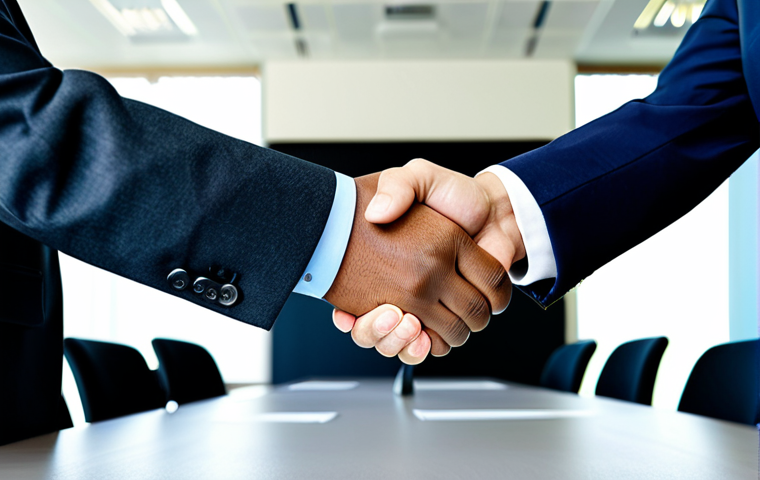 International Negotiation**

A diverse group of business professionals, fully clothed in modest business attire, shaking hands across a conference table in a modern office setting. Flags of different countries are subtly visible in the background. The scene exudes professionalism and collaboration. Perfect anatomy, correct proportions, well-formed hands, natural pose, safe for work, appropriate content, professional.

**