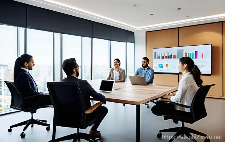 글로벌 비즈니스 직무별 업무 노하우 - **Prompt:** A diverse team of professionals from various global backgrounds (e.g., a woman from Spai...