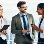 글로벌 비즈니스 분야 취업 시 고려사항 - **Prompt 1: Global Team Collaboration in a Modern Setting**
    A group of five diverse young profes...