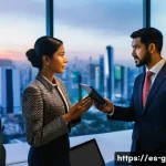 글로벌 비즈니스 분야 중점 과목 - A dynamic international business meeting scene set in a modern office overlooking a vibrant cityscap...