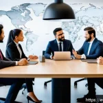글로벌 비즈니스 직무별 요구 능력 - A diverse group of multicultural business professionals engaged in a collaborative meeting around a ...