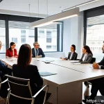 글로벌 비즈니스 자격증 취득 후 실무 대처법 - A diverse group of Spanish business professionals in a modern office setting, engaged in a hierarchi...