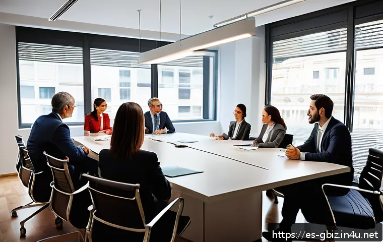 글로벌 비즈니스 자격증 취득 후 실무 대처법 - A diverse group of Spanish business professionals in a modern office setting, engaged in a hierarchi...