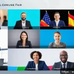 글로벌 비즈니스 실무 경험 쌓는 법 - A professional virtual conference scene showcasing diverse international businesspeople actively par...