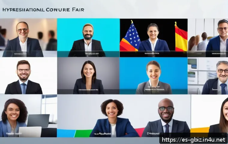 글로벌 비즈니스 실무 경험 쌓는 법 - A professional virtual conference scene showcasing diverse international businesspeople actively par...