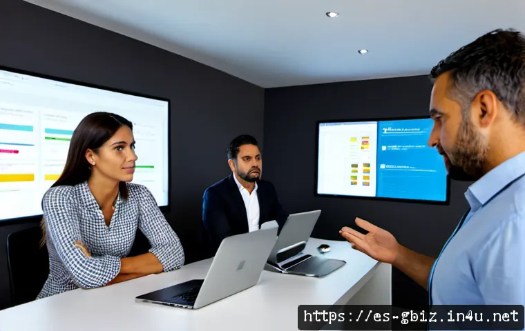 Home 17 글로벌 비즈니스 업무 시 발생하는 문제 해결 사례 - Photorealistic international business problem-solving meeting in a bright Madrid office, diverse Spa...