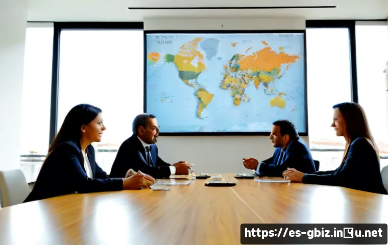 글로벌 비즈니스 글로벌 경영 이론 - Photorealistic global business strategy meeting in a bright modern Madrid office, diverse Spanish an...